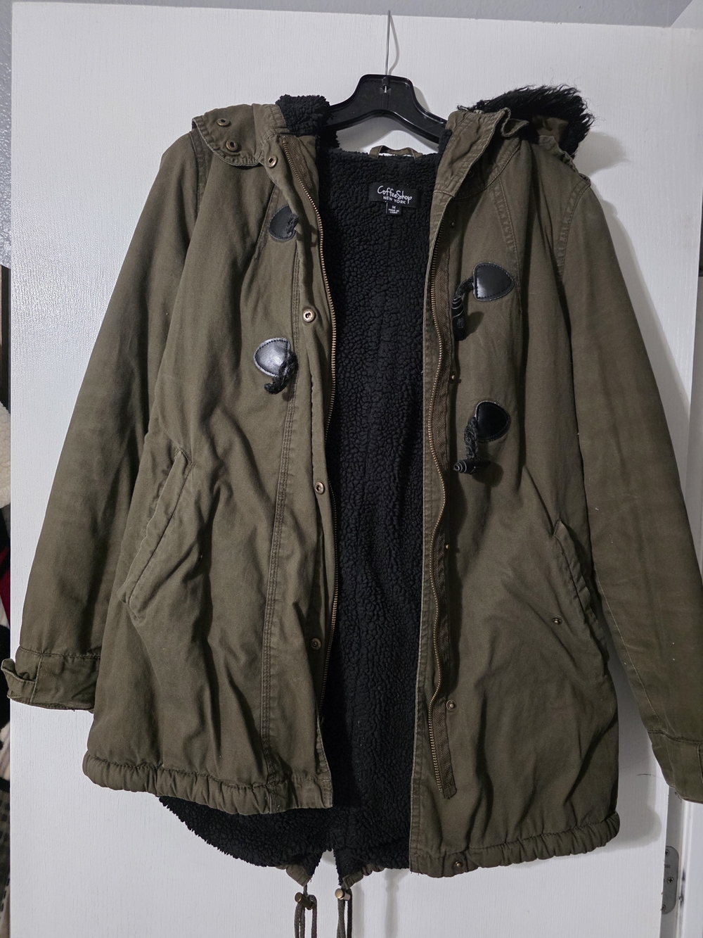 CoffeeShop Olive Hooded Field Coat with Black Sherpa Lining